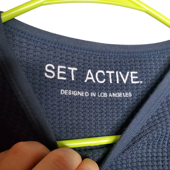 SET Active Navy Blue Waffle Short Sleeve Crop Top Small Short Sleeve Shirt - Picture 5 of 11